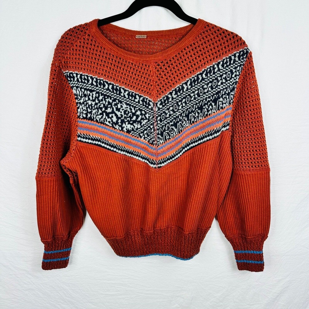 Free People‎ Chunky Knit Pullover Sweater Crew Neck XS Brown with Print Detail